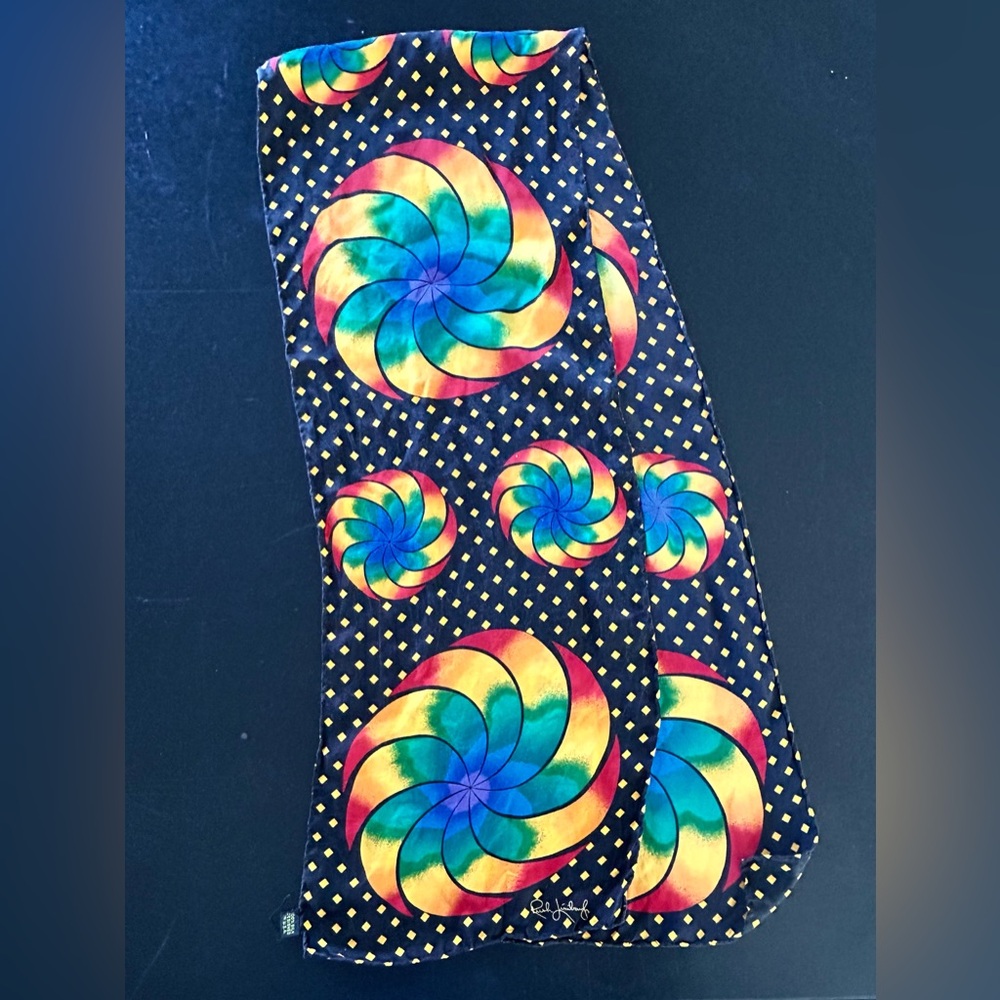 Vintage Rush Limbaugh Silk Scarf Black Multicolored Swirl Made USA 59" x 10"